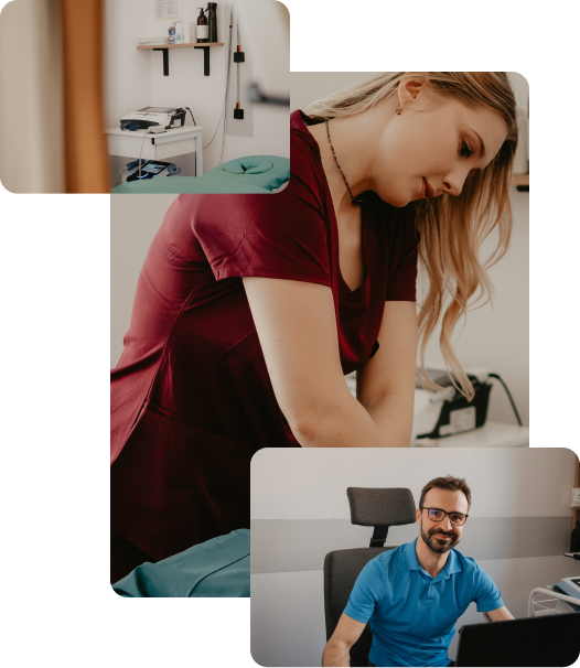 3 photos; top physiotherapy equimpent; middle woman massaging patient; bottom male behind reception counter