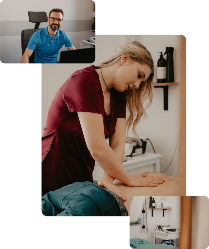 3 photos; top physiotherapy equimpent; middle woman massaging patient; bottom male behind reception counter